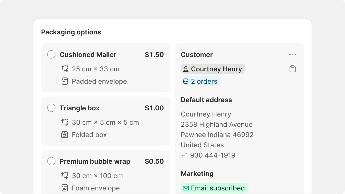 A card split in the middle with packaging options on the left in a list and customer details on the right