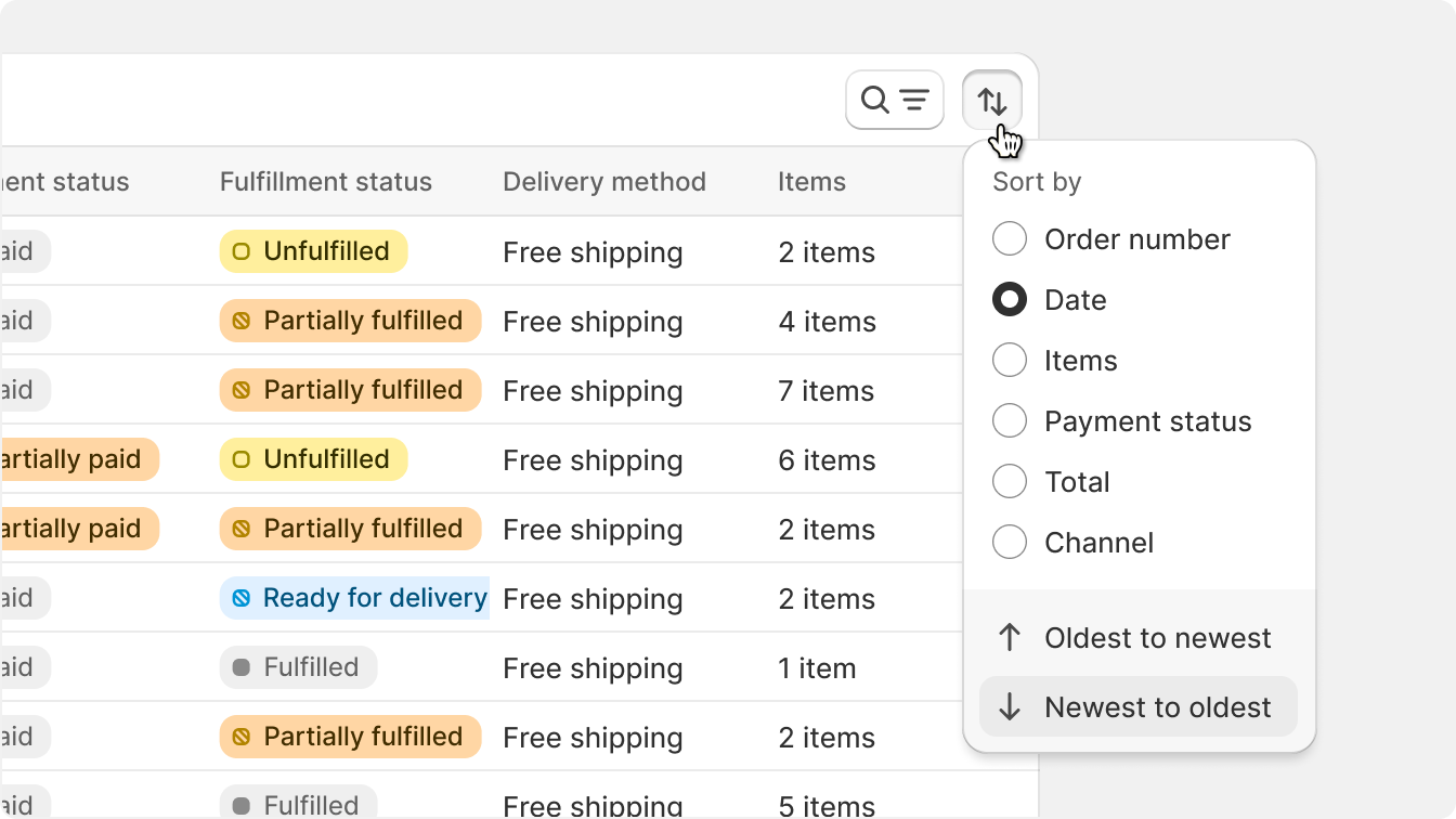 A popover with different sorting options, all shown in a tight list