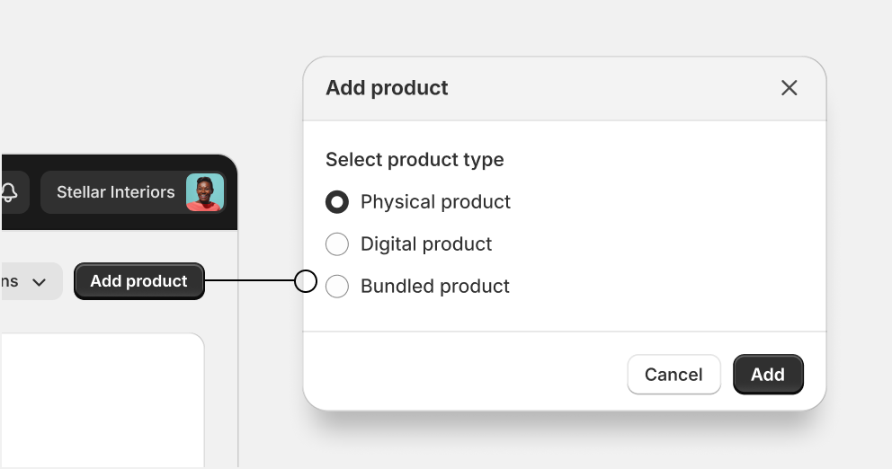 An image of the admin UI with an "Add product" button that triggers and intermediary modal.