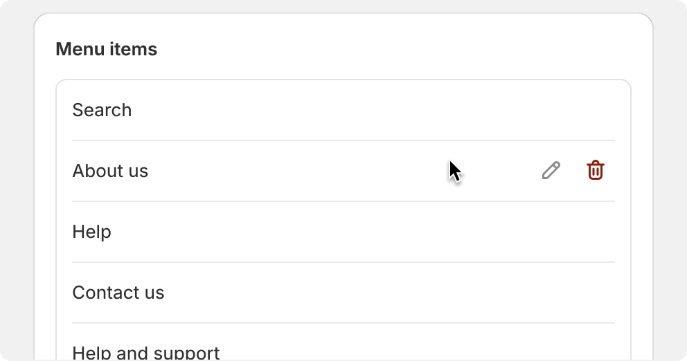A list of menu items with each item displaying a delete icon using the tertiary icon button style.