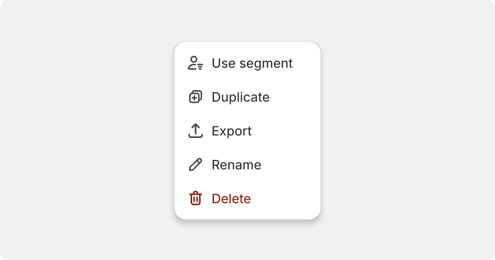 A list of action with a delete action at the bottom using the destructive styling along with the "delete" icon.