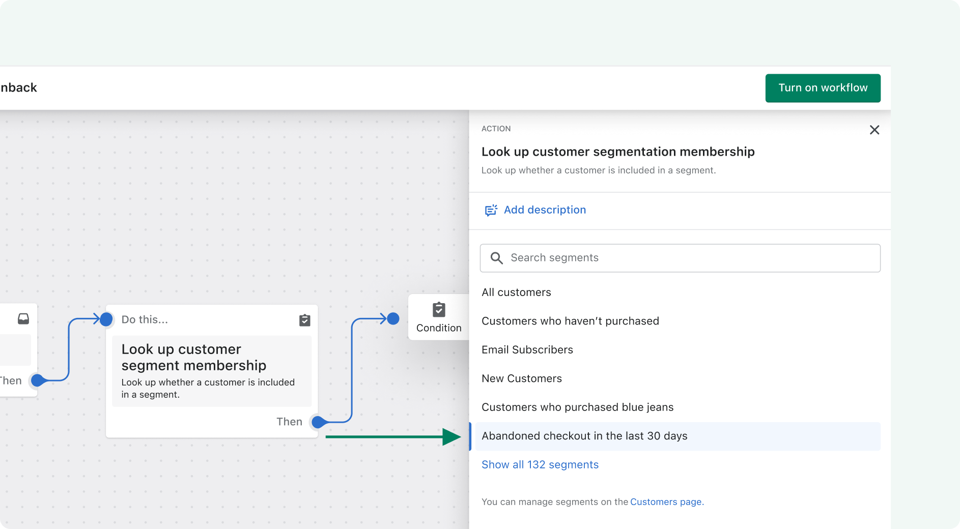 Customer segment picker with more than 10 segments inside the Flow app workflow automation builder