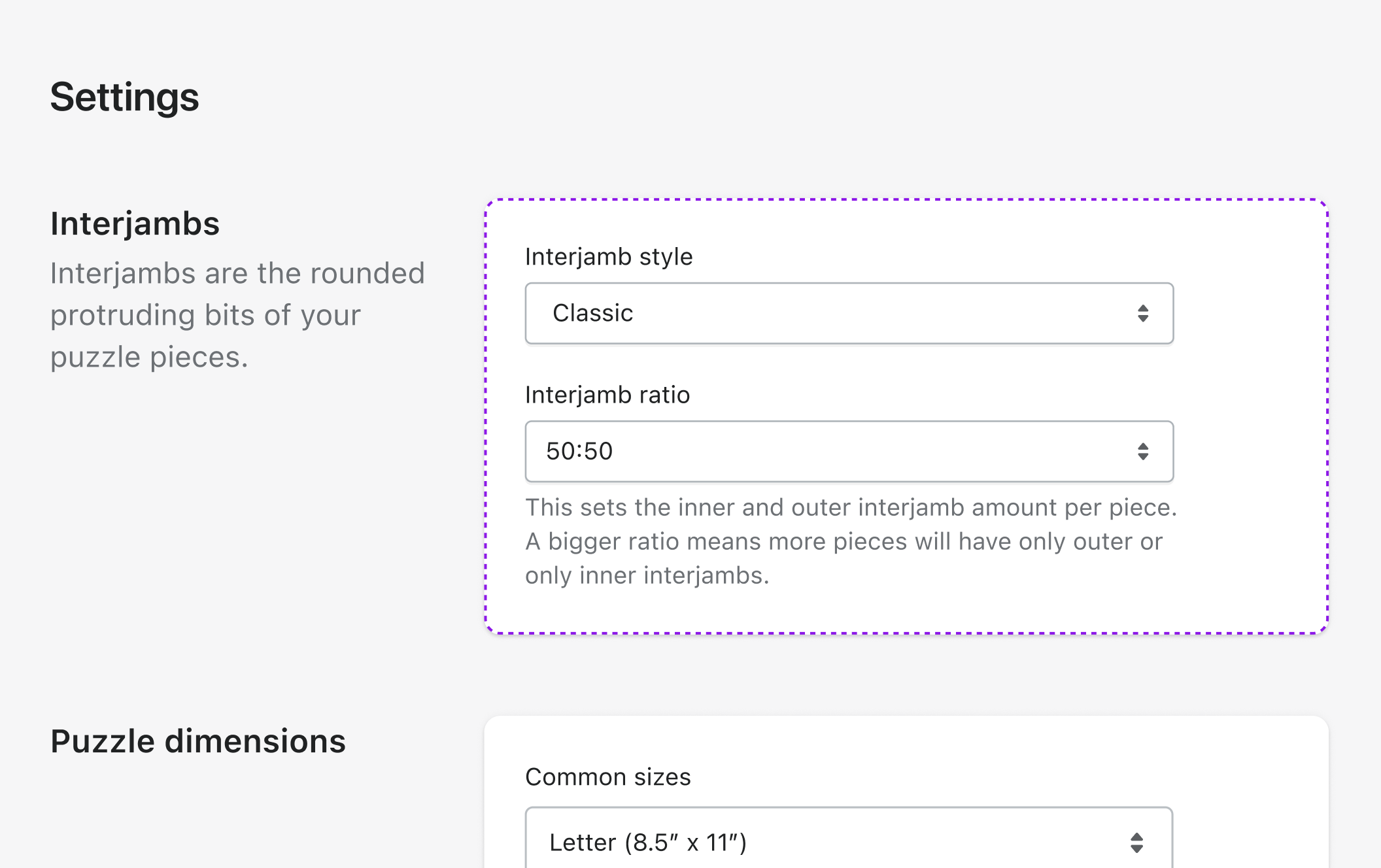 App settings page with section headings and grouped settings