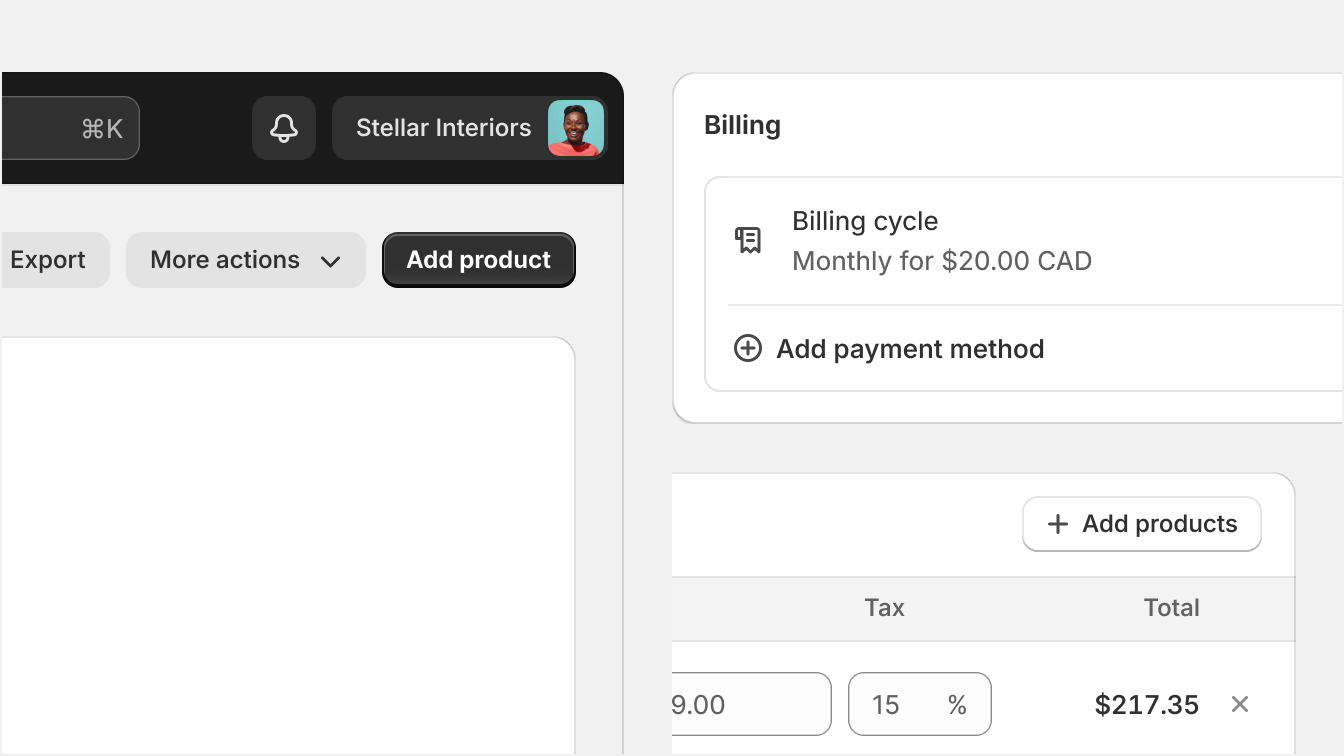 A collection of examples of add actions in the page header, in a list, and
in a table. Each button has a different level of emphasis and placement to
create visual
hierarchy.