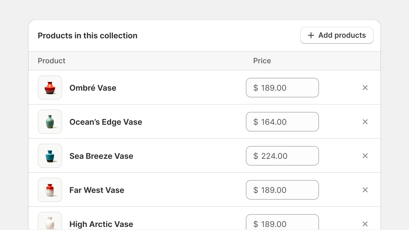 An image showing a table of products in a collection. Each table row displays a product with an option to remove the product displayed inline to the right using the "x" icon.